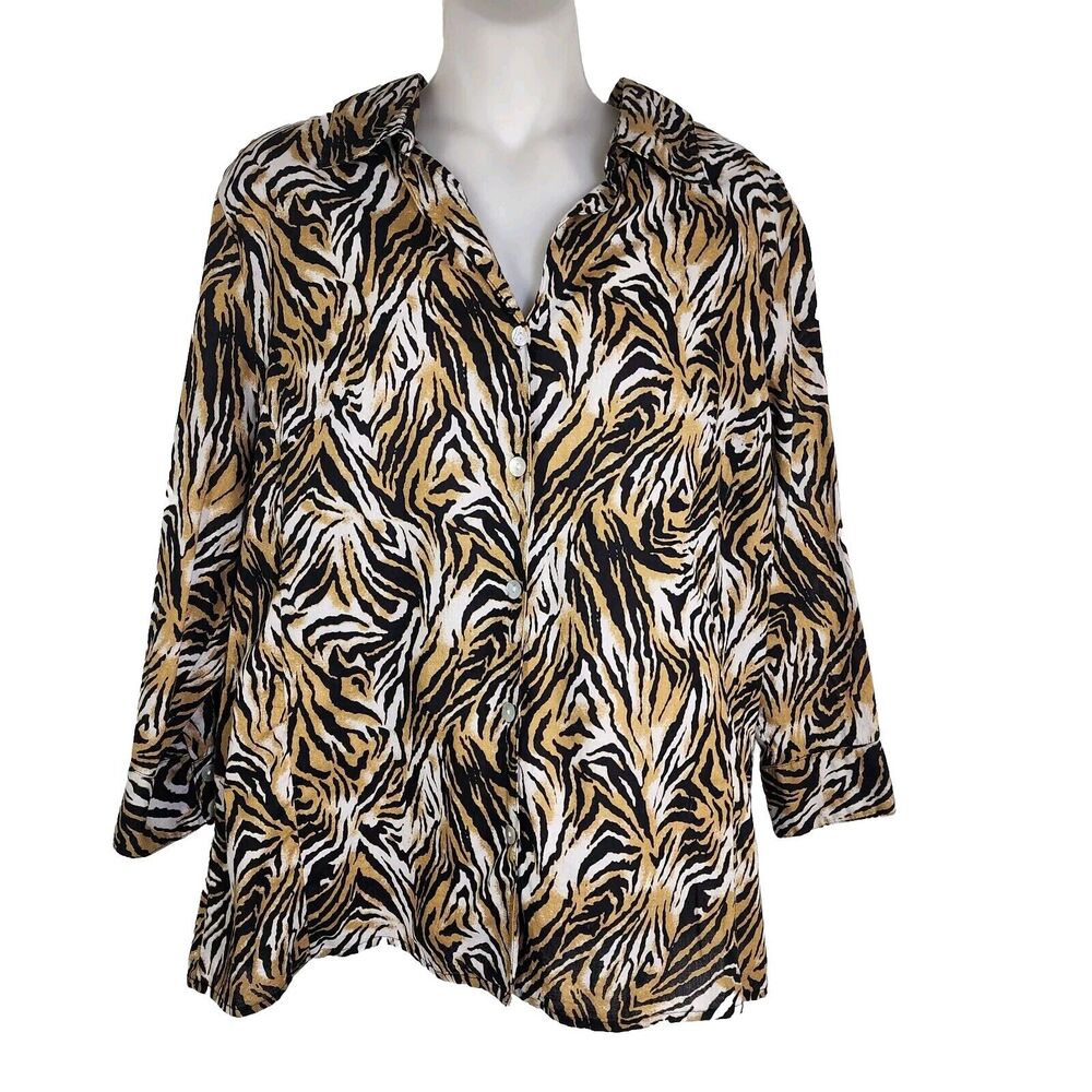 Chicos Womens Top Size 2 Large 12 Brown Animal Tiger Print Button Up 3/4 Sleeve